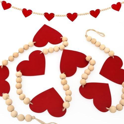 Valentine's Day Heart Decorations, Felt Hearts Wood Bead Garland Banner for Valentine's Day Decor | Amazon (US)