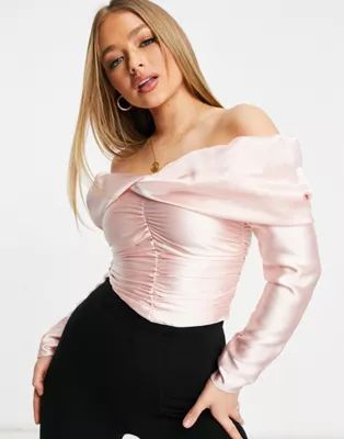 ASOS DESIGN satin off-the-shoulder top with drape detail in pink | ASOS (Global)