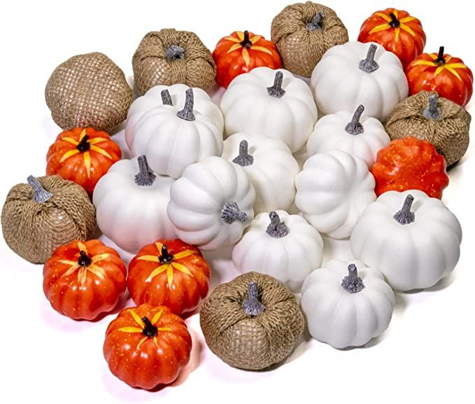 WangLaap 26 Pcs Artificial Pumpkins Middle Small Size Mixed Style Assorted Pumpkins Set Fake Whit... | Amazon (US)