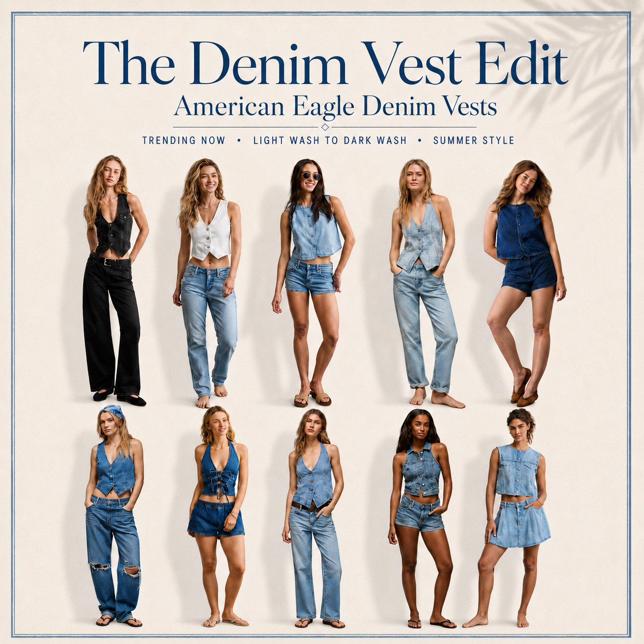 @American Eagle Outfitters Summer | Denim Button Down Vests ☀️ 

The Denim Vest Edit

American Eagle denim vests that are giving one of the biggest summer trends right now — button-down vests, denim-on-denim outfits, cropped denim tops, and easy warm-weather layering pieces that make a simple outfit feel instantly styled.

I did the digging for you and pulled the AE denim vests that feel the most wearable for summer. 

These are the kind of pieces you can wear as a top on their own or layer over a tank, tube top, bralette, swimsuit, or fitted tee depending on the vibe.

Button-down denim vests are trending because they work with so many outfits — jeans, denim shorts, linen pants, white denim, skirts, trousers, wide-leg pants, and matching denim sets. 

They give that cool, effortless summer look without feeling too overdone.

Perfect for casual summer outfits, brunch, concerts, country concert outfits, festival looks, vacation nights, beach town outfits, errands, date night, and everyday denim styling. 

The different washes make this edit so good to save — light wash, medium wash, dark wash, black denim, white denim, cropped fits, halter styles, button-front vests, and denim set looks.

Style notes:
American Eagle denim vest, AE denim vest, button down denim vest, summer denim vest, denim vest outfit, denim-on-denim outfit, Canadian tuxedo outfit, light wash denim vest, dark wash denim vest, black denim vest, white denim vest, cropped denim vest, summer outfit ideas, casual summer outfits, country concert outfit, festival outfit, concert outfit idea, denim shorts outfit, women’s denim vest, American Eagle summer finds.

👖 Trending now: button-down denim vests

↓ Everything is linked!

#LTKActive #LTKSaleAlert #LTKTravel