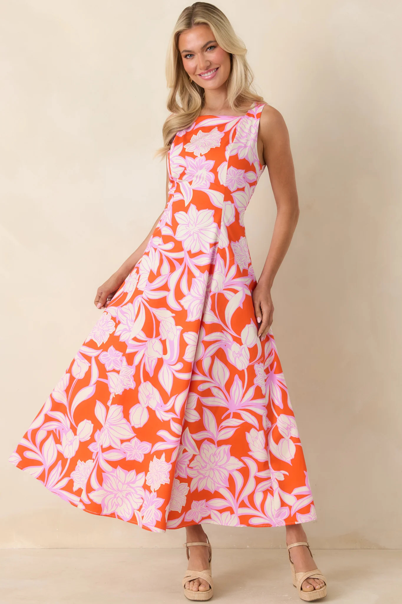 Worth Showing Off Orange & Orchid Pink Floral Tie Back Maxi Dress | Red Dress