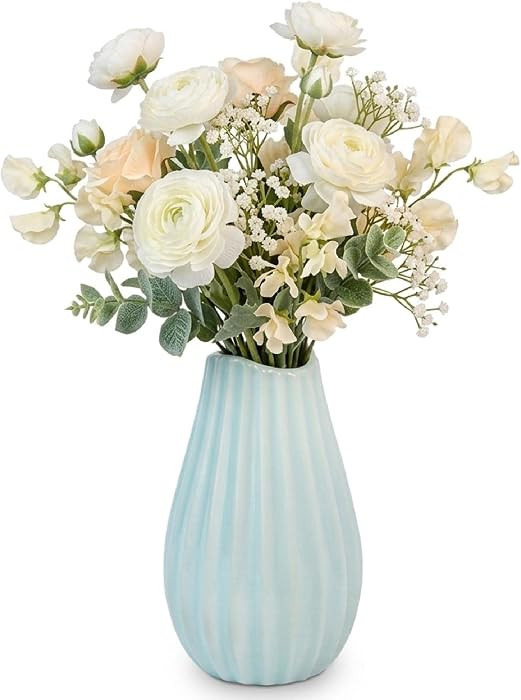 Amazon.com: Blue Ceramic Vase \u2013 6.7\u201d Modern Decorative Flower Vase, Small Ribbed Design... | Amazon (US)