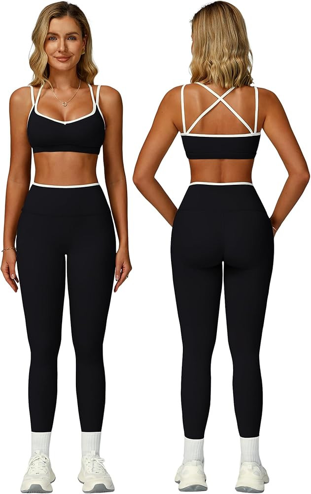 ABOCIW Two Piece Workout Sets for Women Color Block Strappy Sports Bra High Waist Leggings Yoga P... | Amazon (US)