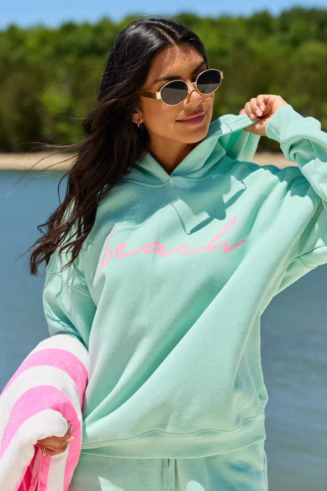 Beach Script Mint Graphic Hoodie | Pink Lily