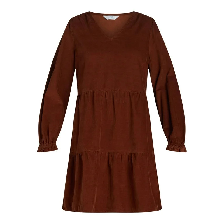 Time and Tru Women's and Women's Plus Cotton Corduroy Tiered Dress, Sizes XS-4X | Walmart (US)