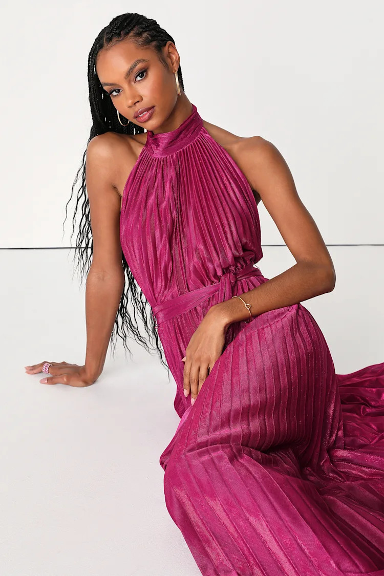 Everlasting Glow Shiny Magenta Pleated Halter Maxi Dress | Lulus