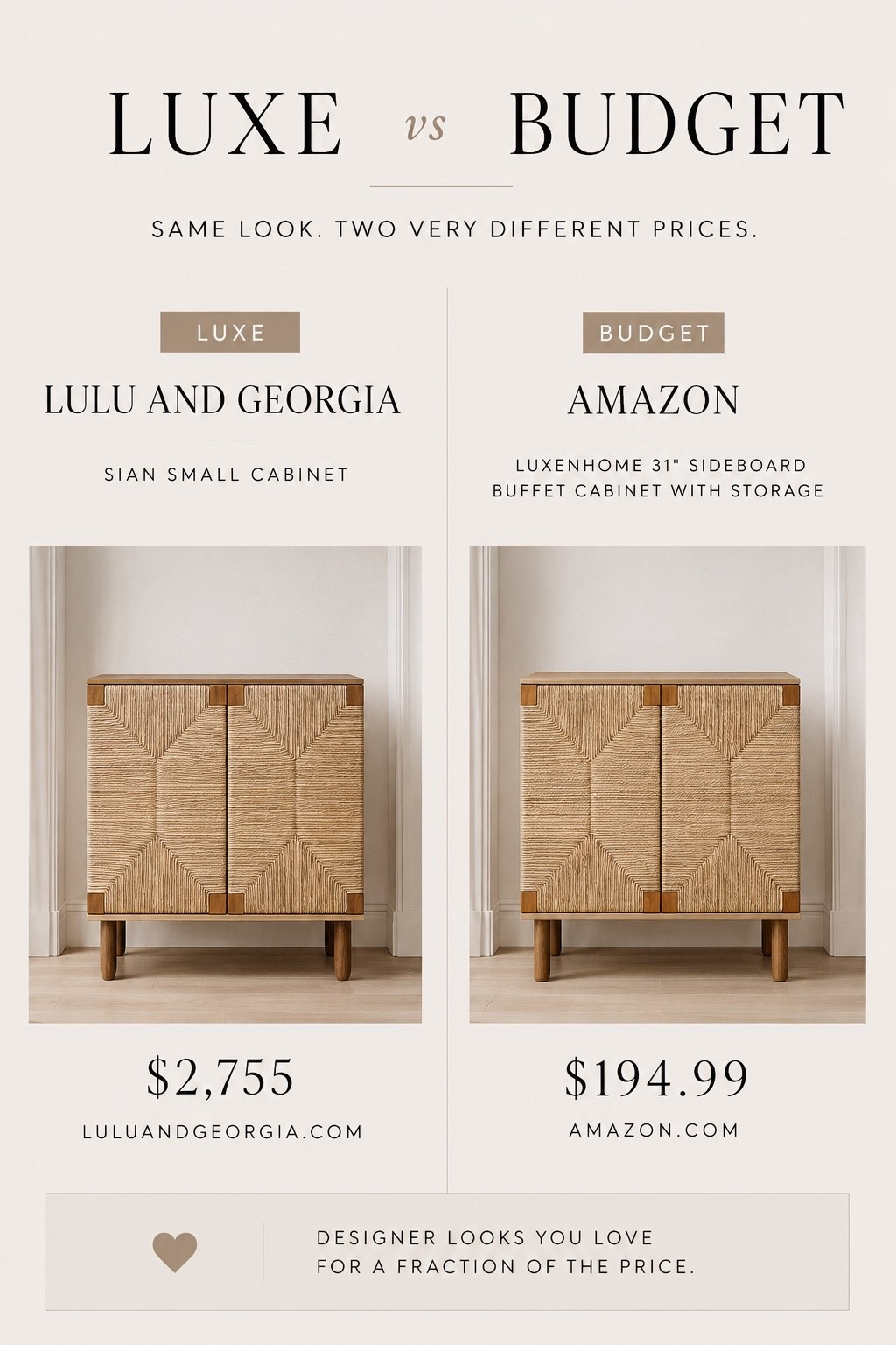 Luxe vs Budget Cabinet

I’m always searching for designer-inspired pieces that give the same elevated look without the luxury price tag, and this cabinet is such a good find. The woven texture, warm wood tones, and clean lines feel straight out of a high-end designer home, but the budget-friendly version is under $200 and gives such a similar look for less. Perfect for an entry, dining room, living room, or tucked under a TV for that cozy collected feel.

#LTKHome #LTKSaleAlert
