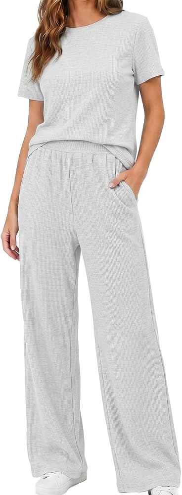 2 Piece Lounge Sets for Womens 2026 Waffle Knit Matching Sets Short Sleeve Top Wide Leg Pants wit... | Amazon (US)
