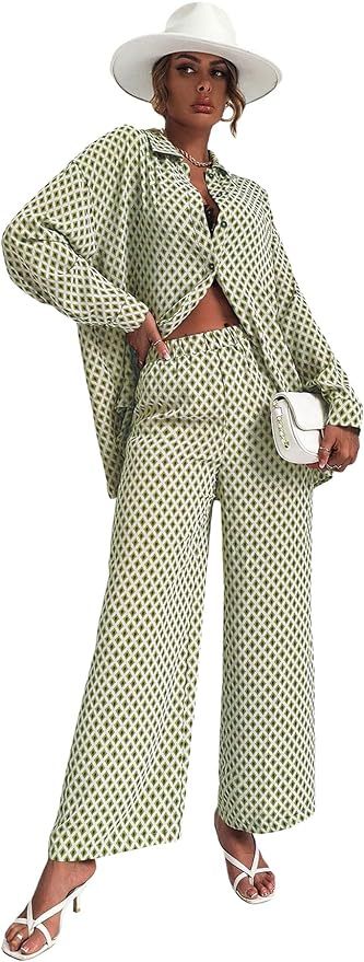 Floerns Women's 2 Piece Outfits Slit Hem Longline Blouse and Wide Leg Pants Set | Amazon (US)