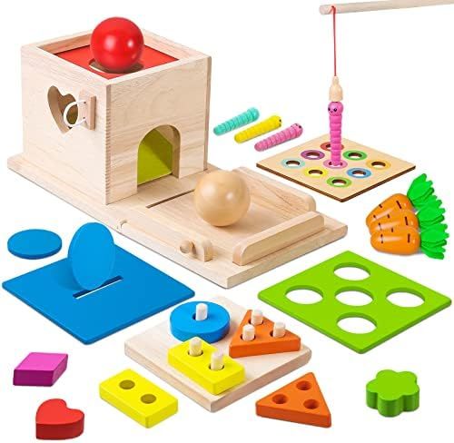 6-in-1 Wooden Play Kit Montessori Toy, Object Permanence Box, Coin Box, Carrot Harvest, Catch Wor... | Amazon (US)