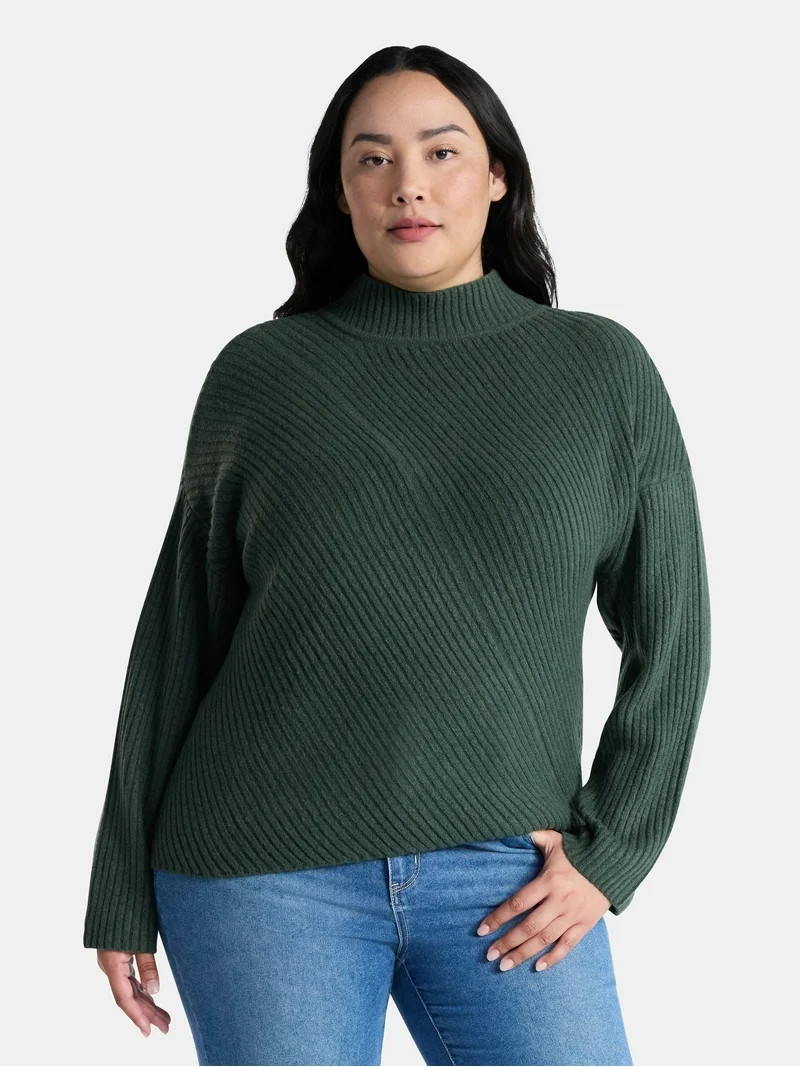 Terra & Sky Women’s Plus Diagonal Ribbed Mock Neck Sweater, Lightweight, Sizes 0X-5X | Walmart (US)