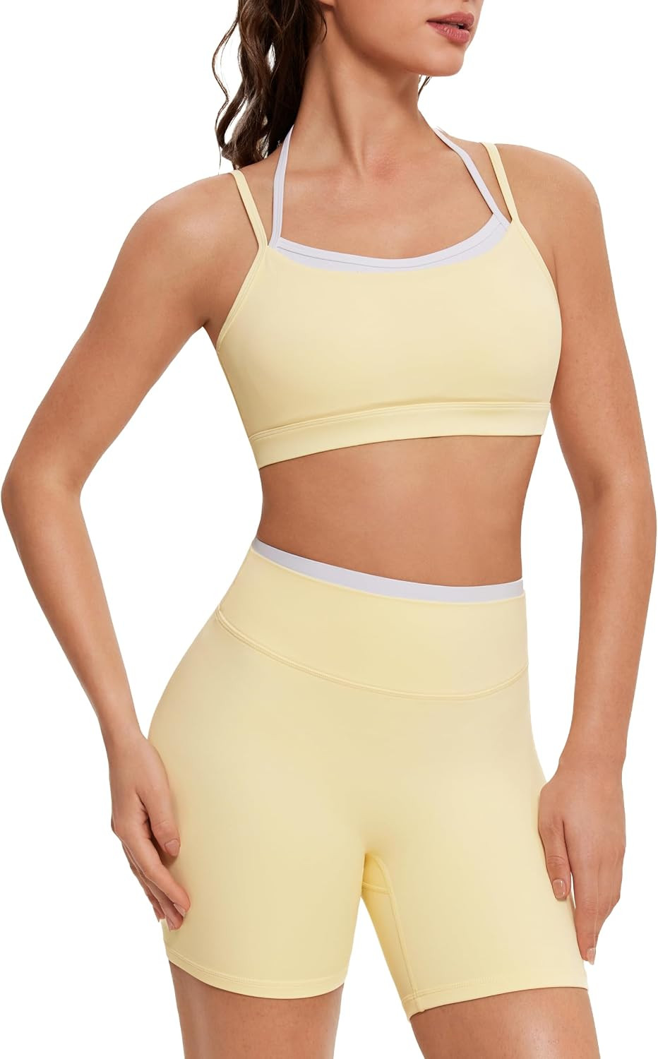 OMKAGI Workout Sets for Women Cute Doubel Layer Open Back Sports Bras Gym Shorts Outfits | Amazon (US)