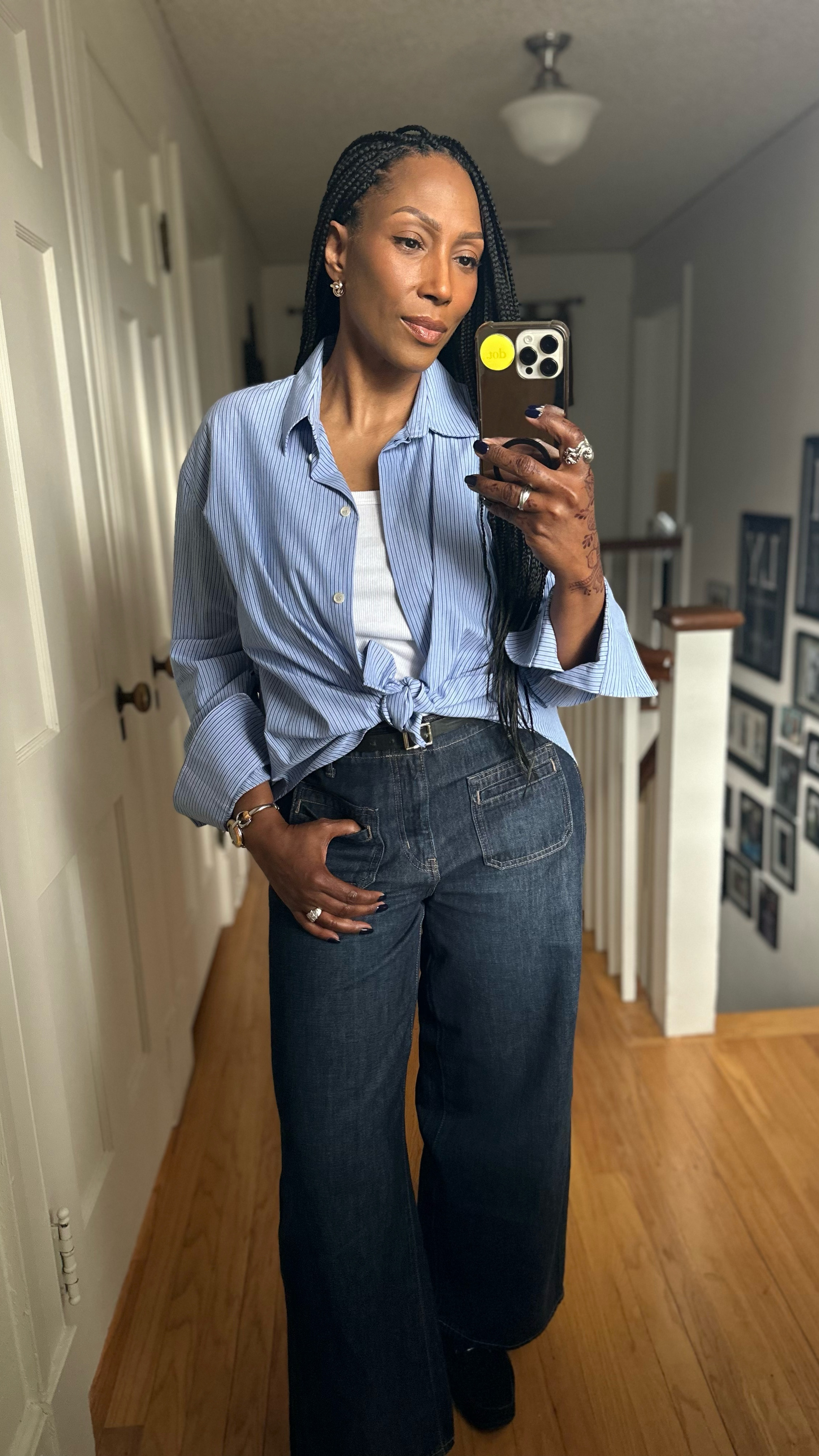My #ootd .  I’m wearing an oversized pinstriped shirt from Zara, a basic white tee underneath, baggy wide-leg jeans, loafers from Cole Haan. I recently picked up these super cute earrings that added a touch of sophistication. 

I couldn’t decided which sunglasses to wear. What do you think? #over50fashion

#LTKShoeCrush #LTKStyleTip