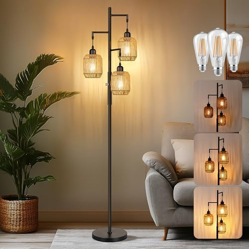 ROTTOGOON Dimmable Boho Floor Lamp - 3 Light Farmhouse Rattan Floor Lamp for Living Room, Industr... | Amazon (US)