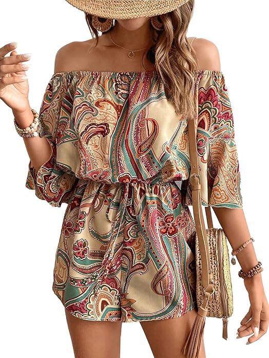 Milumia Women's Off The Shoulder Romper Boho Elastic Waist Shorts Jumpsuit Dressy Casual Vacation... | Amazon (US)