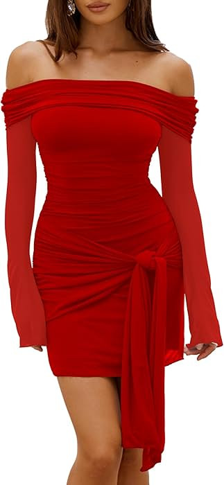 HOCILLE Women's Sexy Off Shoulder Bodycon Mini Dress Mesh Long Sleeve Wrap Tie Waist Ruched Party... | Amazon (US)