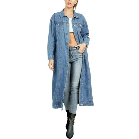 WSPLYSPJY Women Long Denim Jacket Jean Jacket Trench Coat Light Blue M | Walmart (US)