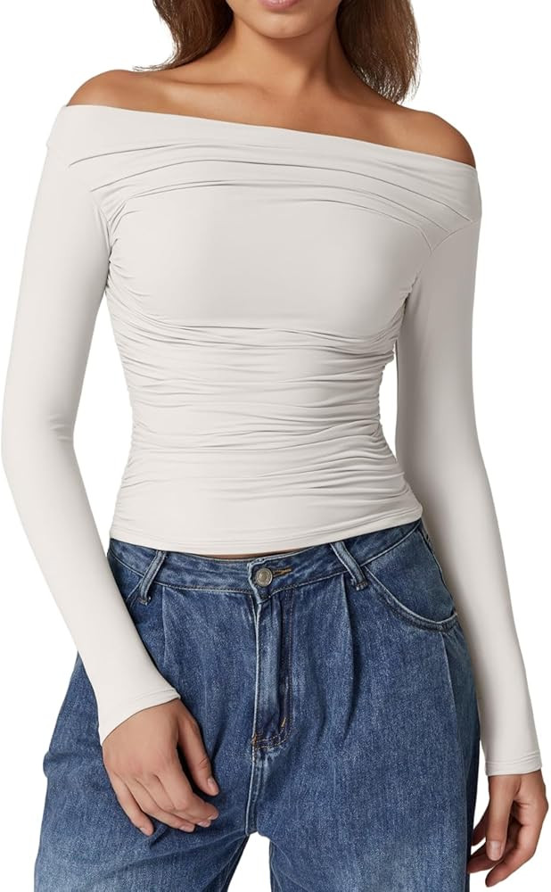 QINSEN Womens Off Shoulder Long Sleeve Tops Ruched Going Out Crop Slim Fitted Double Lined Shirts | Amazon (US)
