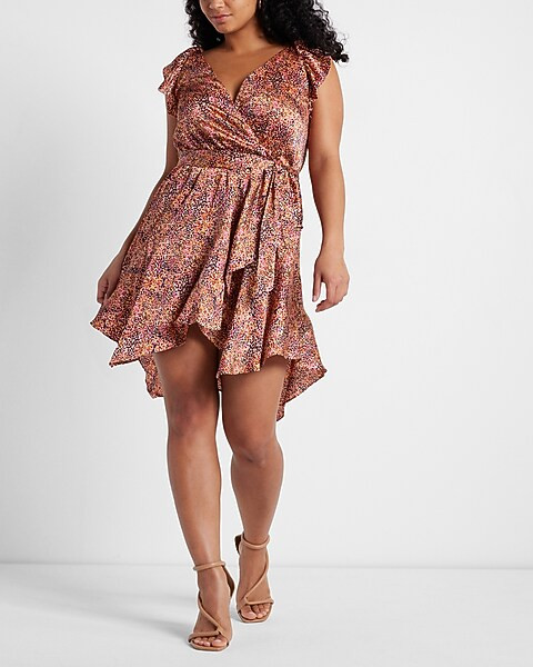 Satin Printed Tie Waist Ruffle Dress | Express