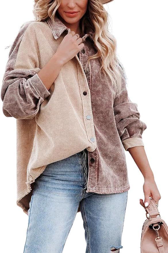 UANEO Womens Colorblocked Corduroy Shacket Long Sleeve Button Down Shirt Jacket Tops | Amazon (US)