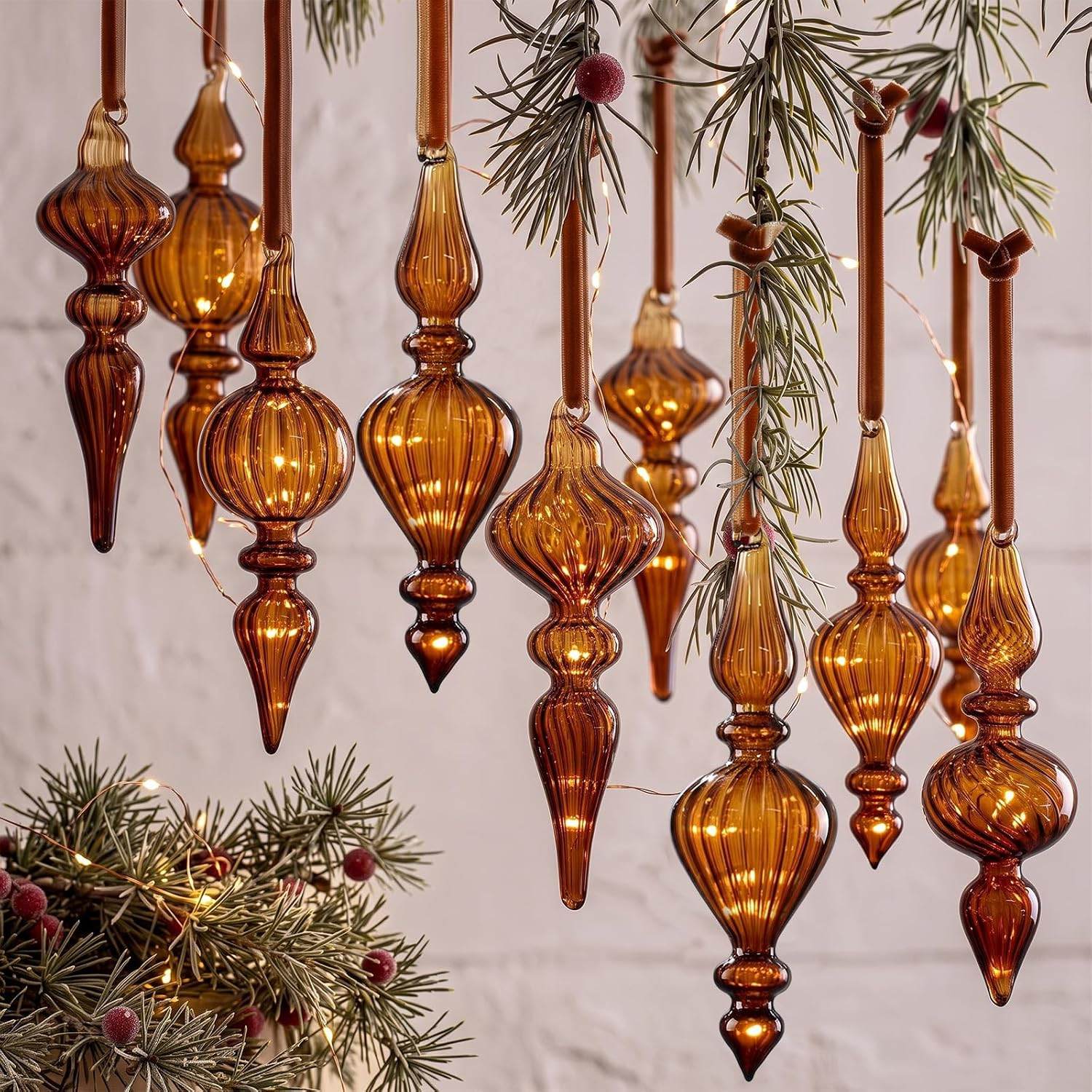 12 Pcs Vintage Glass Finial Christmas Ornaments, Dark Brown | Amazon (US)