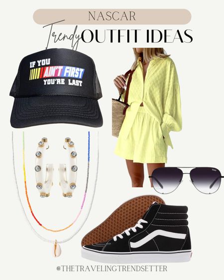 Trendy outfit idea - nascar - Amazon fashion finds - summer outfit - vans - sneakers - sunglasses - earrings - trucker hat 

#LTKFestival #LTKstyletip #LTKSeasonal