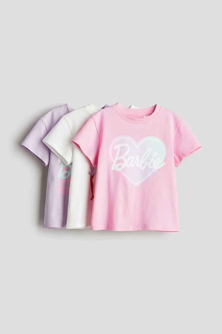 3-pack Printed Jersey Tops - Round Neck - Short sleeve - Light pink/Barbie - Kids | H&M US | H&M (US + CA)