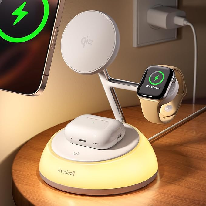 Lamicall 4-in-1 Qi2 Certified Wireless Charging Station, [LED Night Light] 15W Fast Magnetic Char... | Amazon (US)