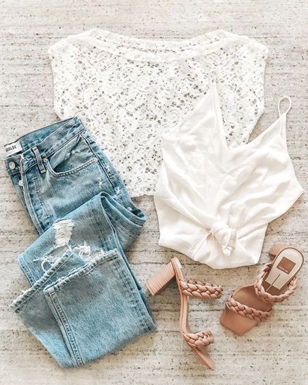 Lace blouse, white silk satin camisole, agolde jeans, woven sandals #grwm #flatlay #outfitideas #virtualstylist #lace

#LTKover40 #LTKstyletip #LTKFestival
