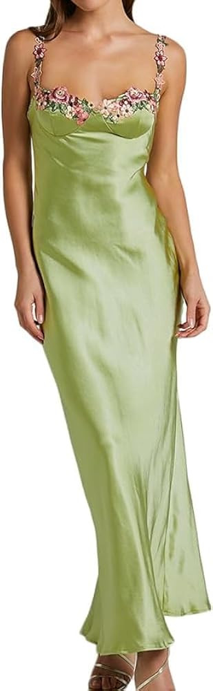 Womens Floral Embroidered Print Satin Maxi Dress Sexy Spaghetti Strap Square Neck Backless Bodyco... | Amazon (US)