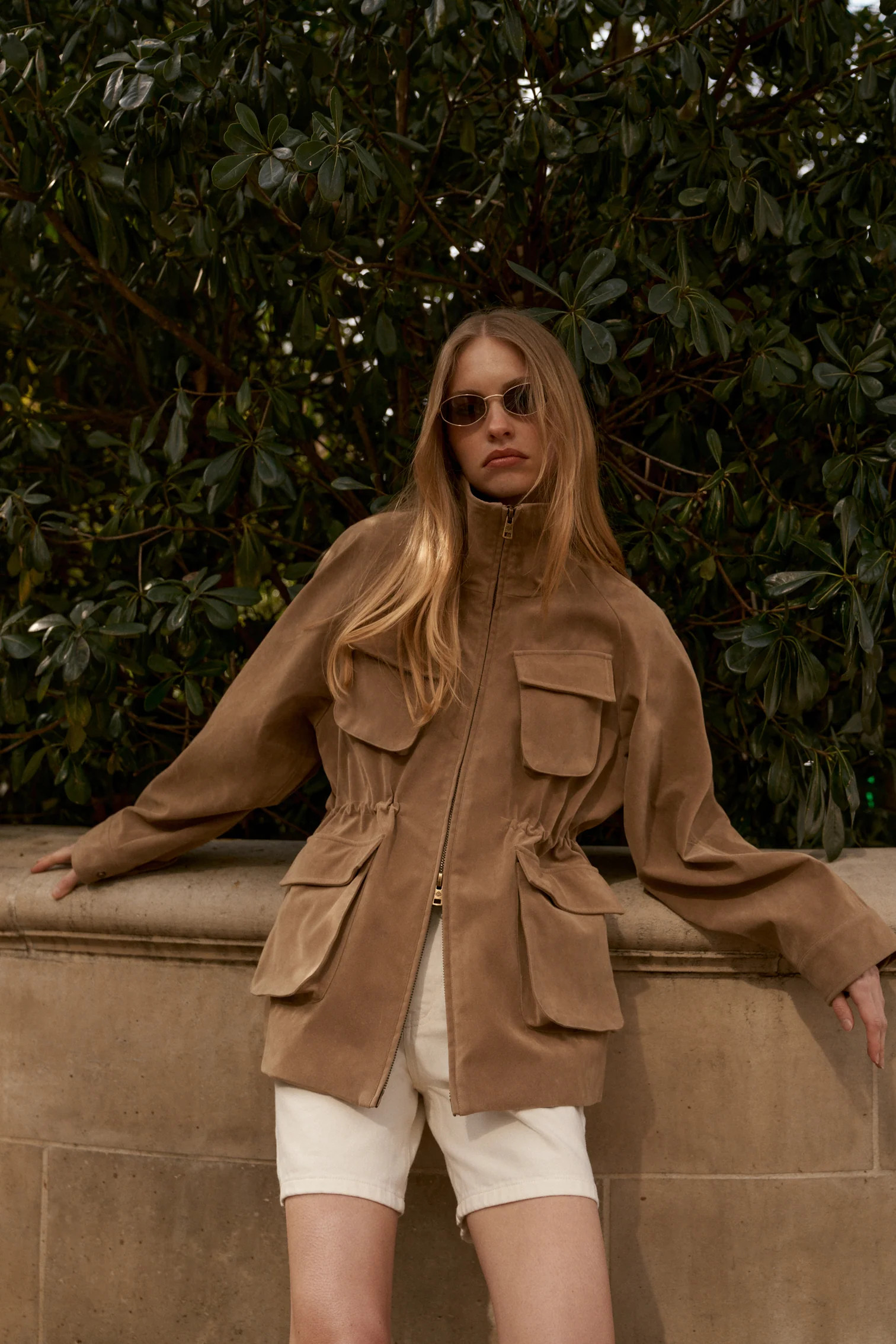 FAUX SUEDE BELLOW POCKET RUCHED WAIST JACKET - BEIGE | The Couture Club