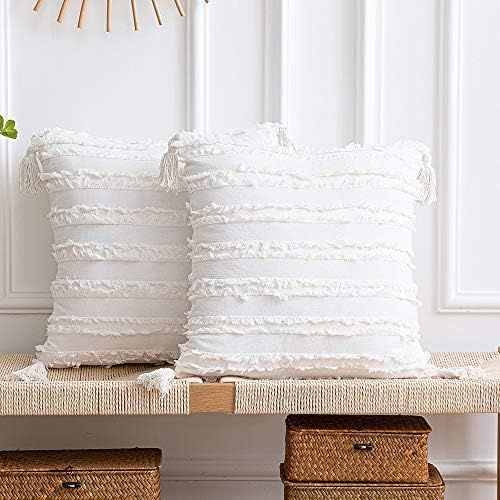 DEZENE 18x18 Throw Pillow Cases: 2 Pack Boho Striped Cotton Linen Square Decorative Pillow Covers... | Amazon (US)