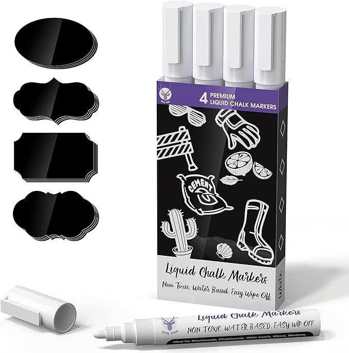 Liquid Chalk Marker Pens, Rush Deer 4 White Premium Dry Erase Markers With 24 Pcs Chalkboard Labe... | Amazon (US)