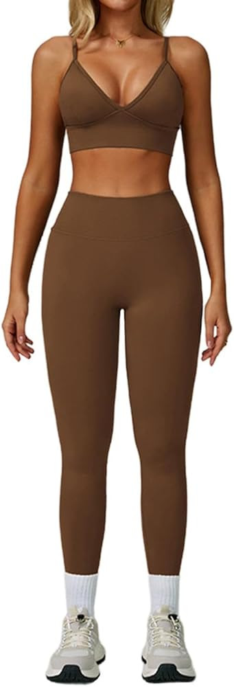 Workout Sets for Women 2 Piece Backless Strappy Sports Bra Seamless Leggings Matching Set Yoga Ou... | Amazon (US)