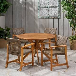 Noble House Crestview Teak Brown 5-Piece Wood Round Outdoor Dining Set 69165 | The Home Depot