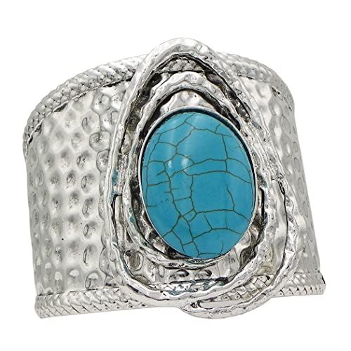 Cowgirl Chic Western Semi Precious Turquoise Howlite Stone Hammered Silver Tone Open Cuff Stateme... | Rosemarie Collections