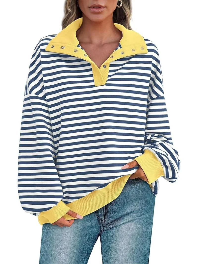 PRETTYGARDEN Women's Oversized Striped Sweatshirts Spring Fall Trendy Casual Long Sleeve Button U... | Walmart (US)