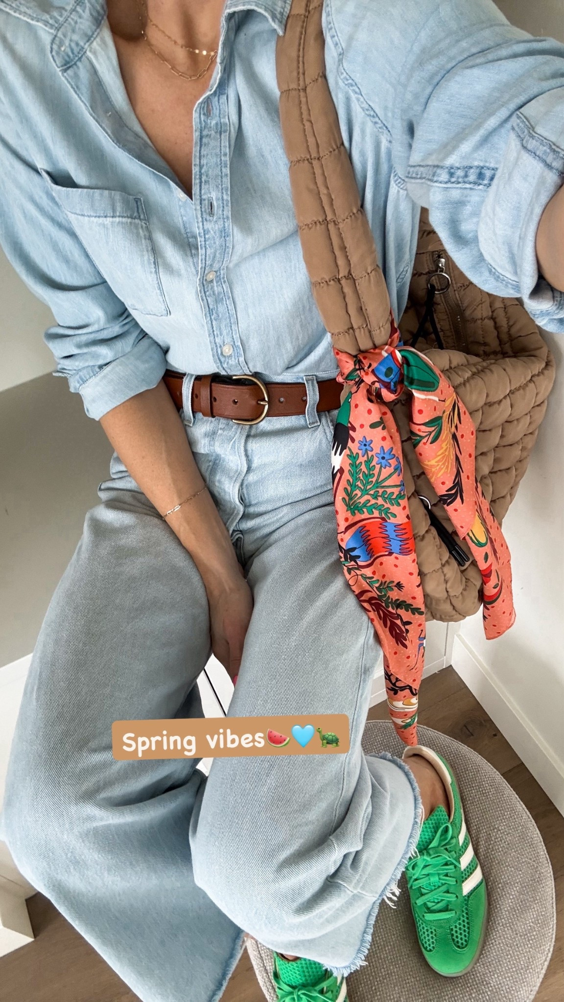 Adding spring touches . . .
This cotton denim shirt, light wash jeans, quilted bag & belt are wardrobe staples (for me) Added a fun free sneaker (hurry, they’re on major sale) and this $7 Amazon scarf.

#LTKmomlife #LTKSpringSale #LTKOver40