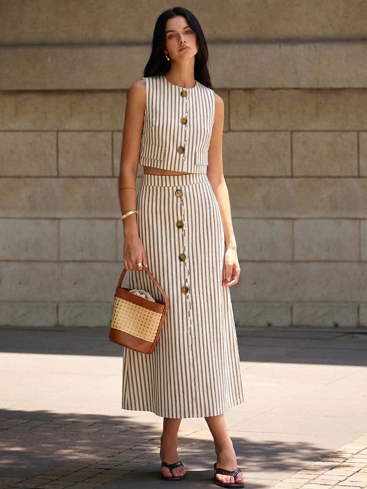 Cotton Striped Sleeveless Top & Midi Skirt Set | Commense