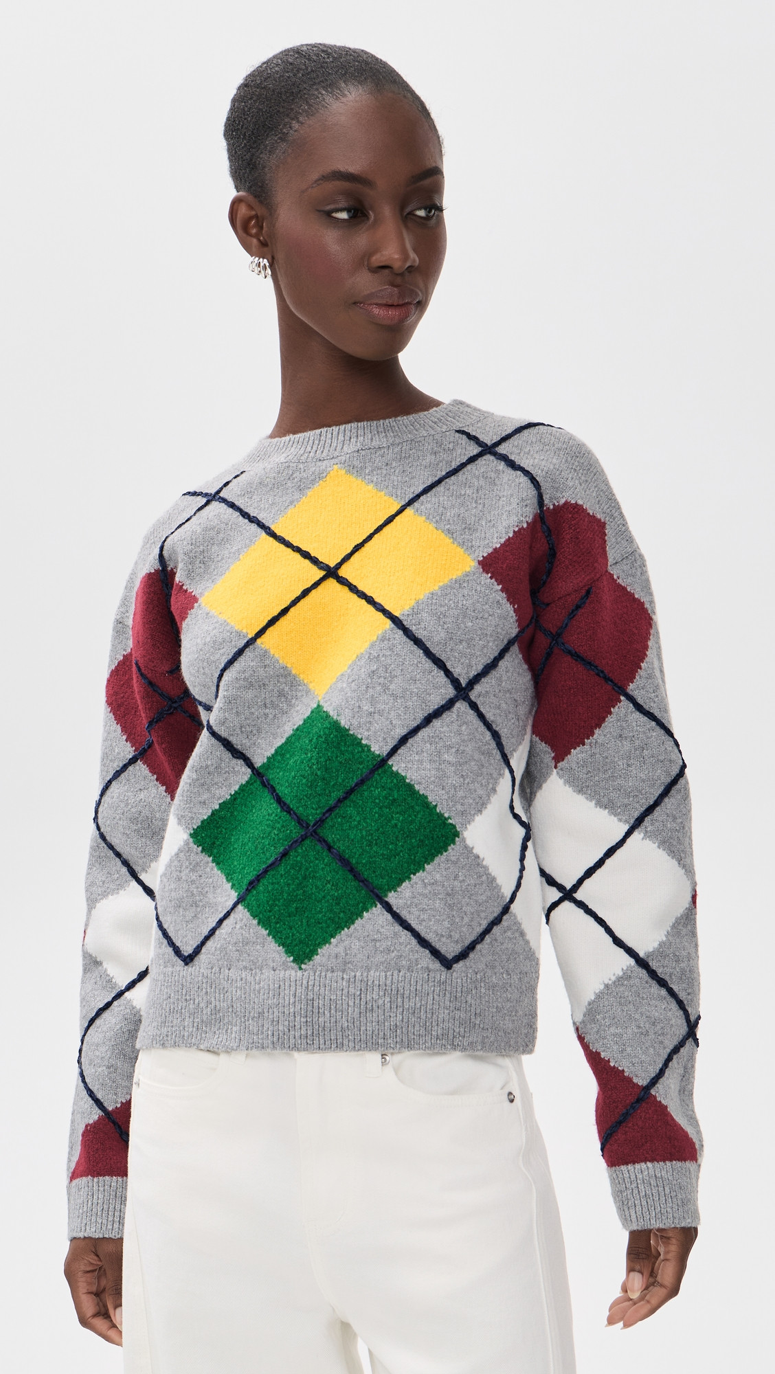 English Factory Argyle Whipstitch Knit Sweater Light Grey Multi M | Shopbop