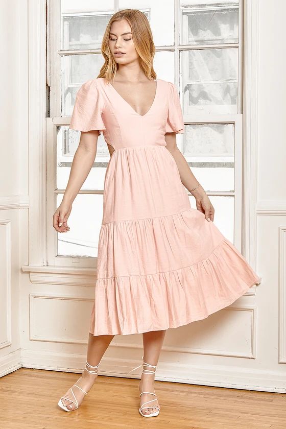 Tied With Love Light Pink Tiered Tie-Back Midi Dress | Lulus (US)