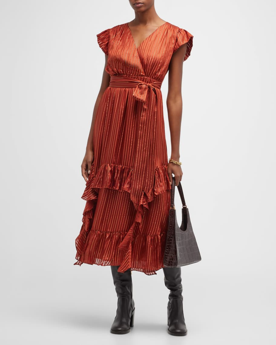 Marie Oliver Uma Metallic Ruffle-Trim Midi Dress | Neiman Marcus