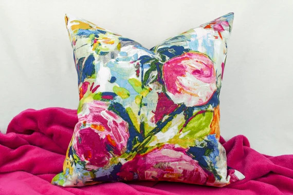 Read the full title
    Pink, Navy, Blue, Green, and Yellow Watercolor Floral Cotton Decorative P... | Etsy (US)