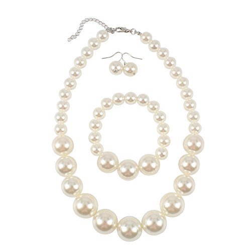 KOSMOS-LI Women's Large Big Simulated Ivory Pearl Statement 19" Necklace Bracelet and Earrings Jewelry Set | Amazon (US)