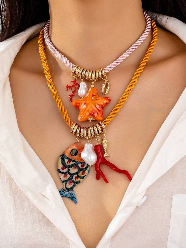 1pc Summer Ocean Style Starfish Pendant Red Coral Necklace, Handmade Ceramic Seashell Necklace Wi... | SHEIN