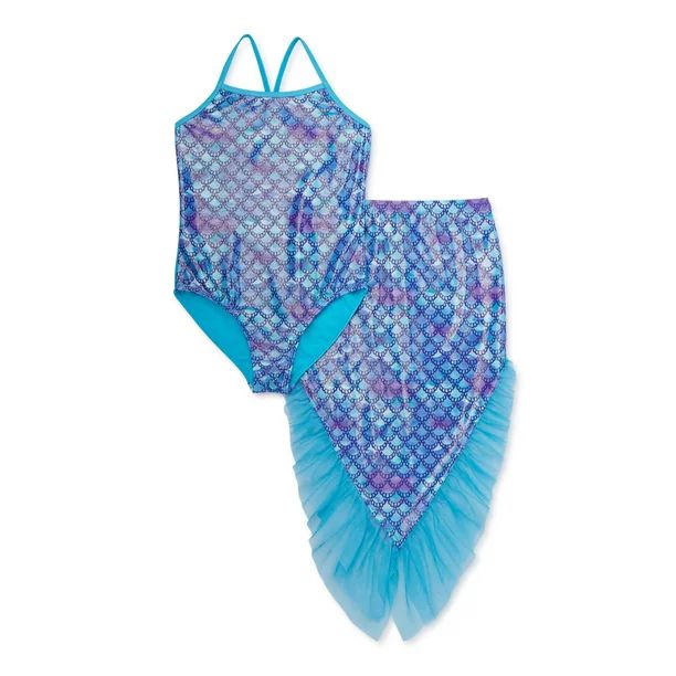 Wonder Nation Girls 4-18 & Plus Mermaid One-Piece Swimsuit and Mermaid Tail Cover-up, 2-Piece Set | Walmart (US)