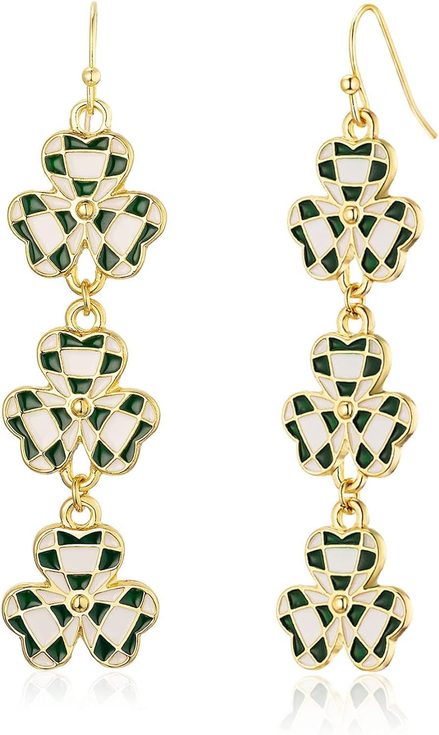 St Patrick's Shamrock Earrings for Women Girls, Unique Green and White Luck Clover Jewelry, Charm... | Amazon (US)