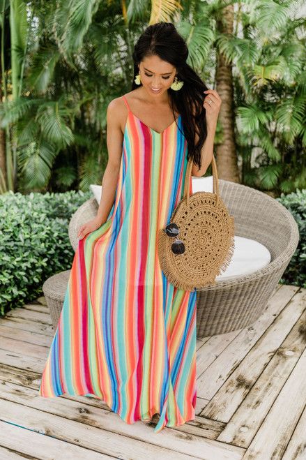 Sunset Getaway Rainbow Striped Maxi Dress SALE | The Pink Lily Boutique