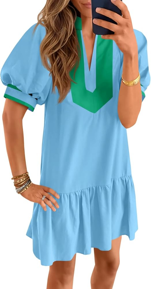 Wenrine Womens Summer Mini Dress Casual Short Puff Sleeve V Neck Color Block Loose Beach A Line D... | Amazon (US)