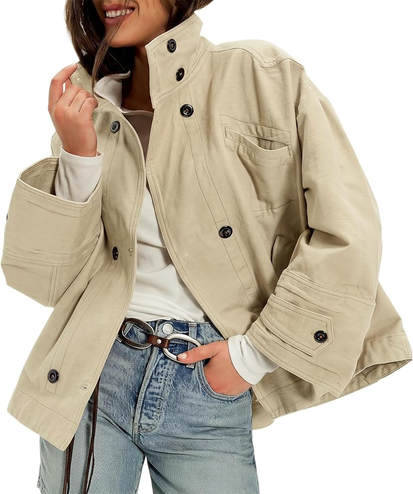 Ainangua Womens Washed Canvas Bomber Jacket Oversized Barn Jackets | Amazon (US)